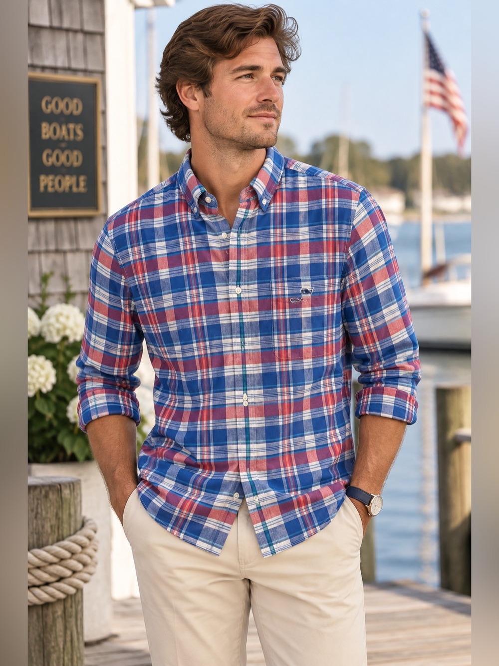 Vineyard Vines Men’s Plaid Cotton Button Down Shirt Blue Red Small